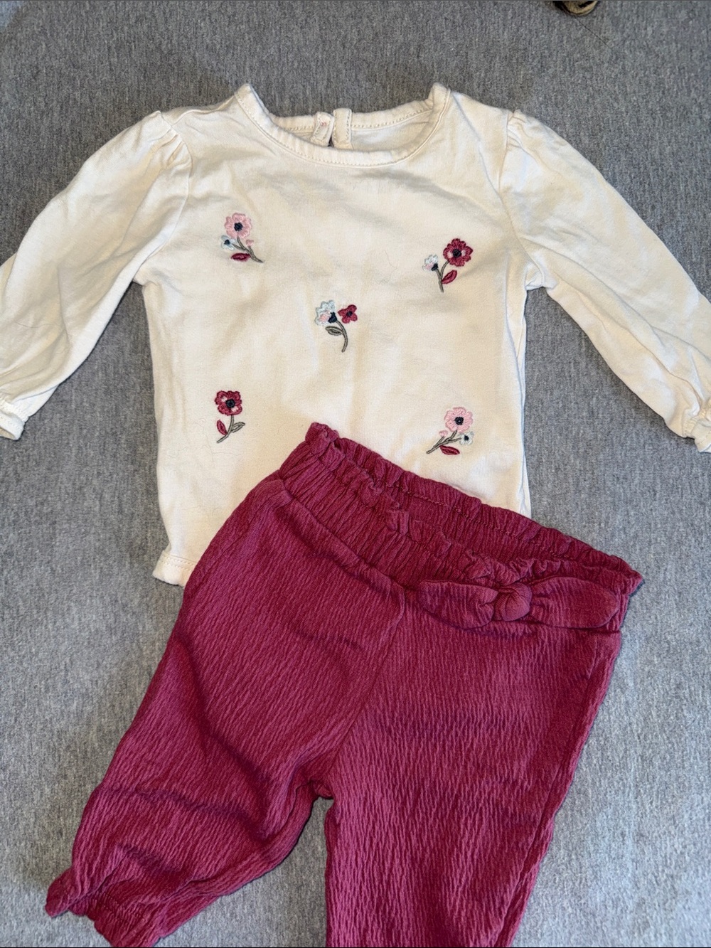 Baby Girl Cream Top with Pink & Burgundy Floral Embroidery